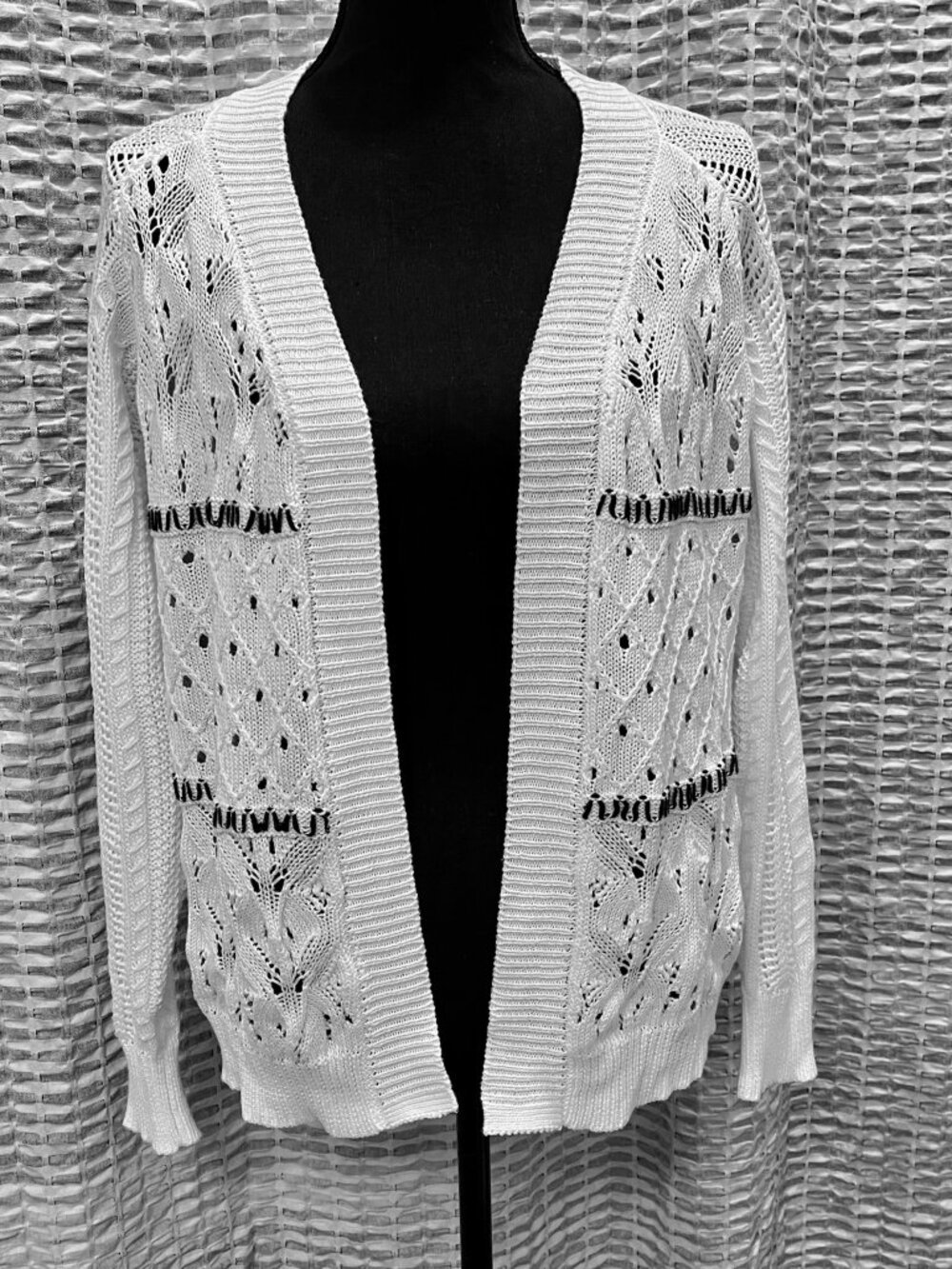 BKE Ivory Open Weave Summer / Spring Cardigan Black Accent Stripes S